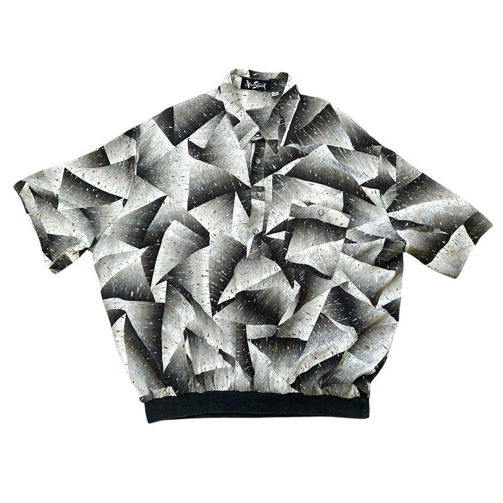 Vintage Alan Stuart Polo Shirt Mens 2X Silver Geometric Artsy Banded Retro Disco